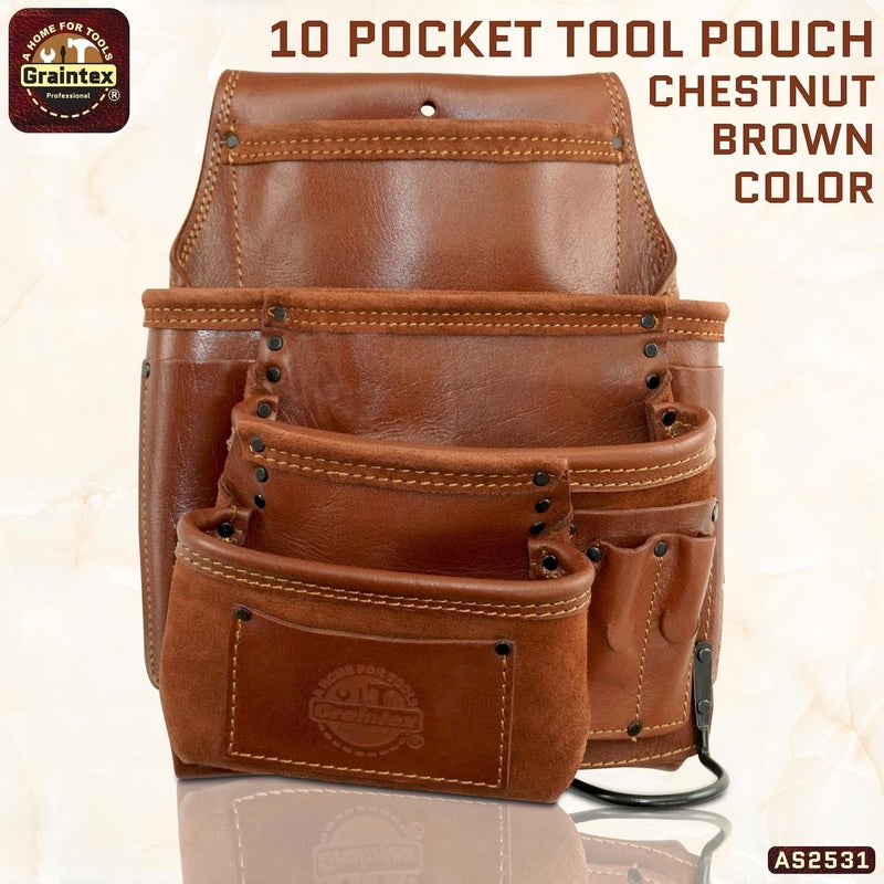 Graintex Ambassador Series 10 Pocket Framers Professional Nail & Tool Pouch Durable and Versatile Genuine Top Grain Leather for Framers, Constructors, Handyman - Chestnut Brown, Left Handed - Image 2